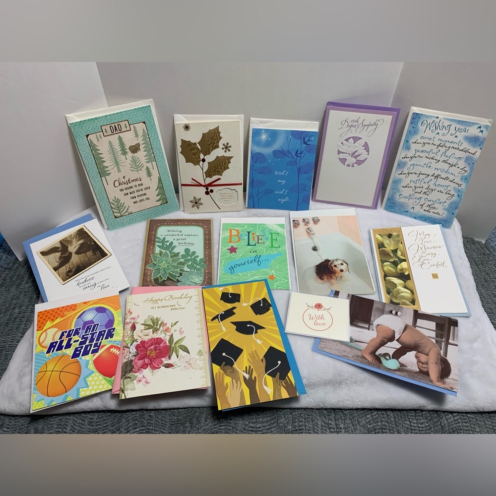 3/$20 Bundle of 15 mixed cards, birthday, sympathy, miss you, Christmas cards